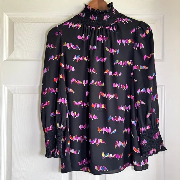 Kate Spade New York Womens Size S Bird Print Smocked High Neck Blouse Black - Picture 13 of 14